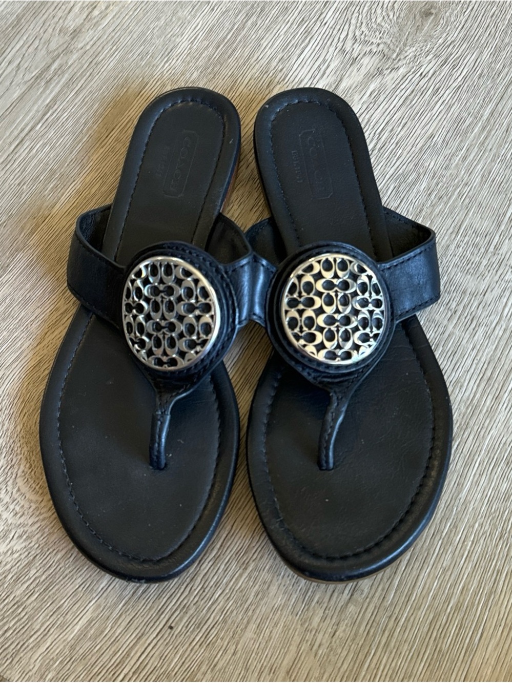 Coach Black Leather Thong Sandals with Silver-Tone Logo Discs